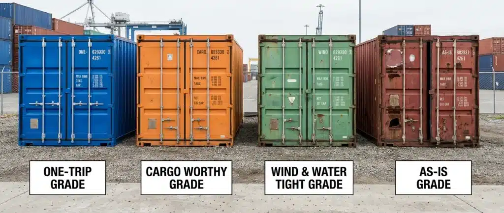 Four colored shipping containers representing different grades: one-trip, cargo worthy, wind & water tight, and as-is.