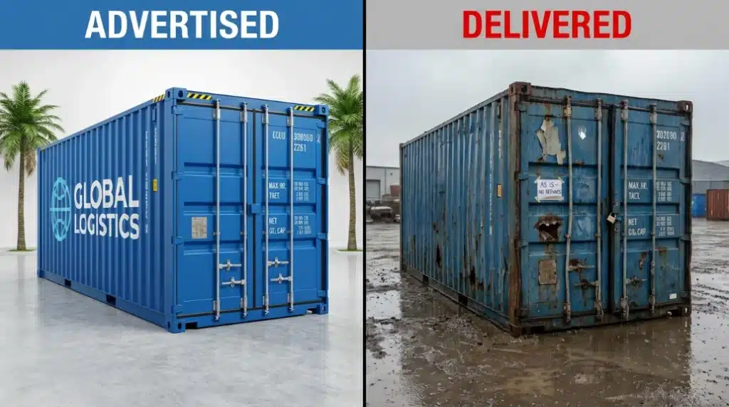 Comparison of a new versus damaged shipping container labeled Advertised and Delivered.