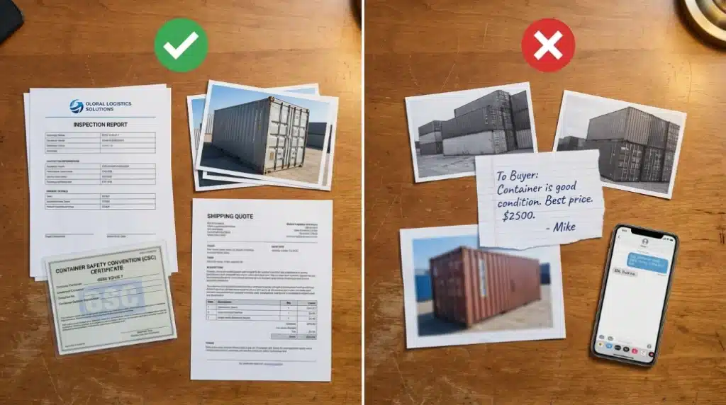 Left: Proper documentation for container sale. Right: Informal notes, blurry phone text, and unclear photos.