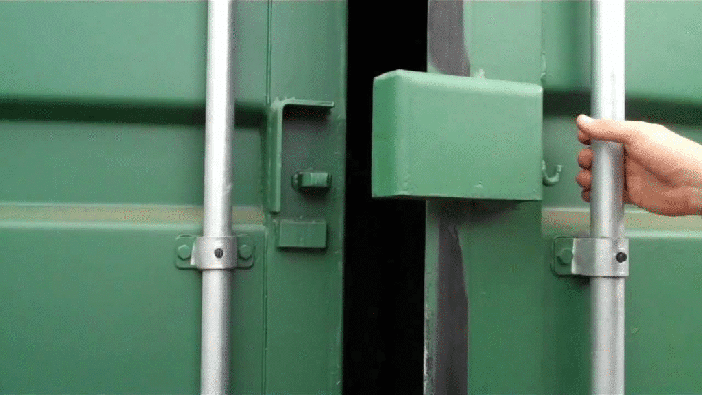 Lock box on a shipping container showing shipping container modifications.