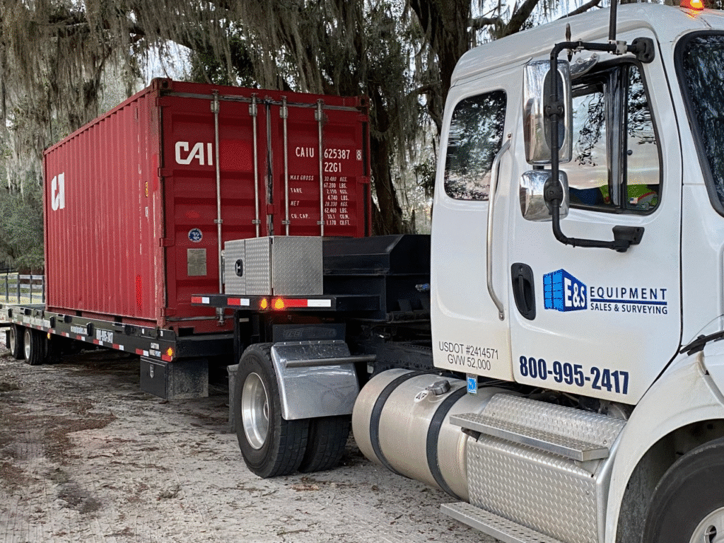 White truck transporting red shipping container in wooded area, E&S Equipment logo visible on door.