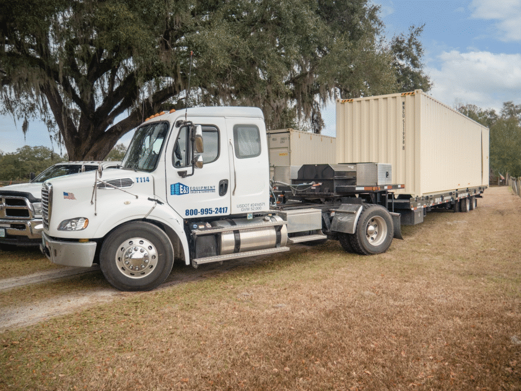 Truck hauling large container near trees on a dirt road, showcasing logistics and transportation services.