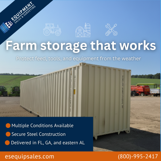Farm storage container in a field promoting secure steel construction by E&S Equipment.