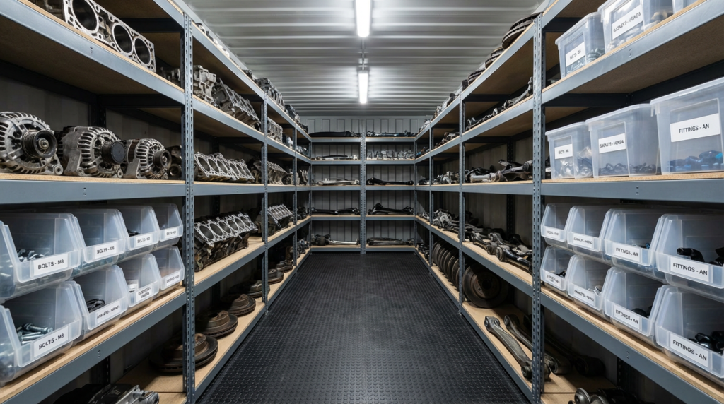 Organized automotive parts on shelves in a storage room with labeled bins and metal components.