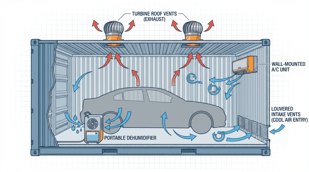 Illustration of shipping container ventilation, featuring a car, turbine vents, A/C unit, and dehumidifier.