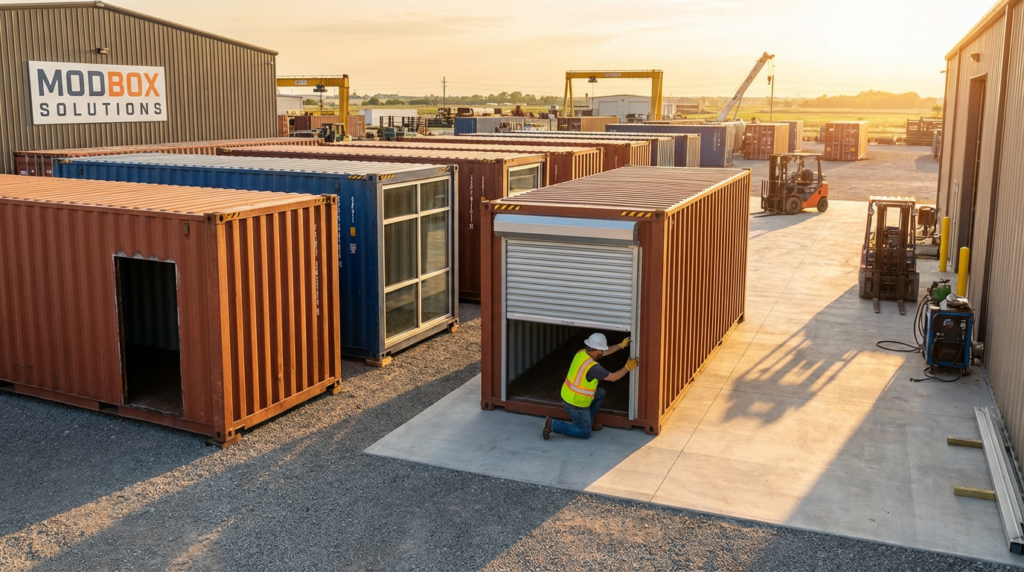 Worker managing shipping containers at Modbox Solutions facility during sunset.