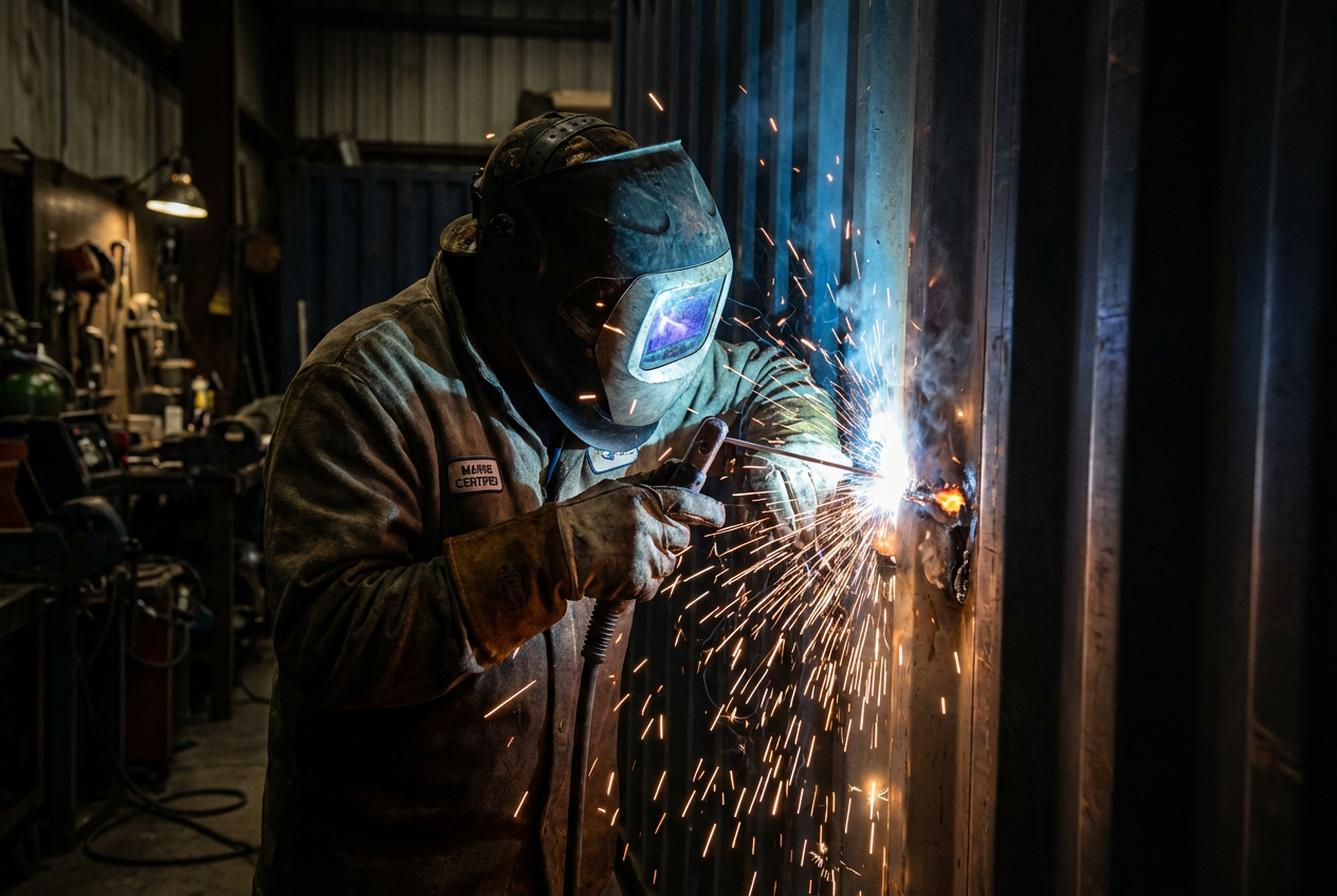 Welder in protective gear works on metal, sparks flying in a workshop setting. Industrial craftsmanship in action.