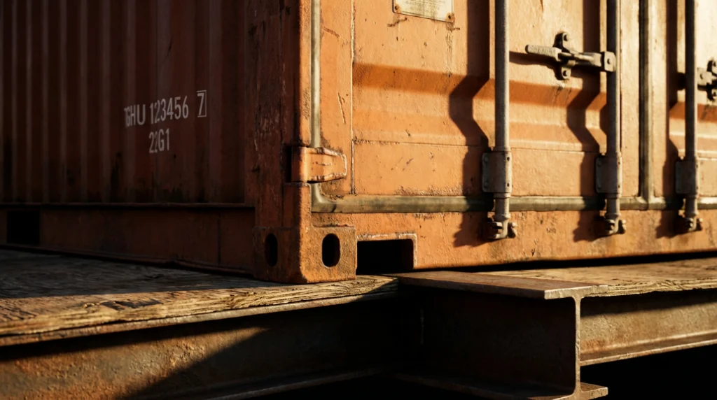 Rusty orange shipping container detail in sunlight on metal platform, highlighting industrial texture and shadows.
