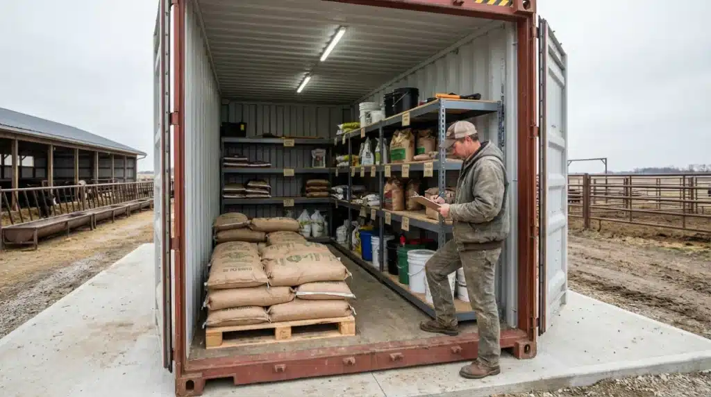 Man organizing farm supplies in shipping container storage on rural farm.