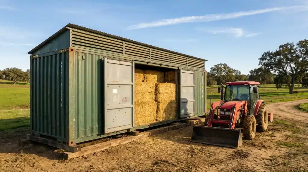 A red tractor parked beside a shipping container filled with hay bales on a sunny farm day.