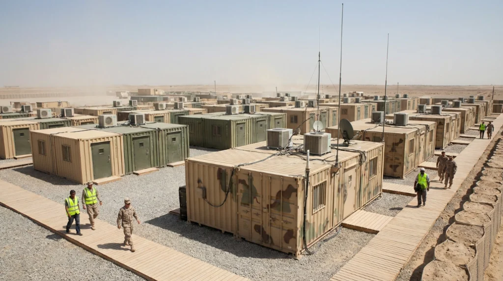Military camp with container buildings in desert, soldiers and workers walking on paths, aerial view.