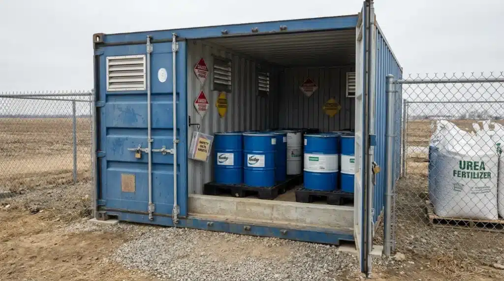 Blue shipping container storing chemical barrels and safety gear, next to a field and fenced area.