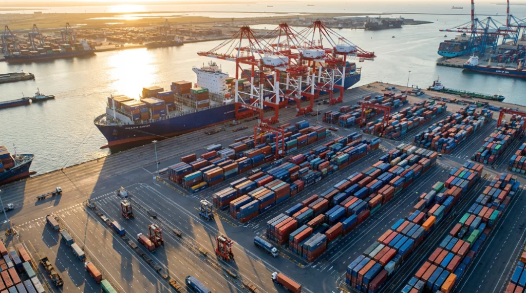 Container ships and cranes at a busy port terminal during sunset, showcasing global shipping and logistics.