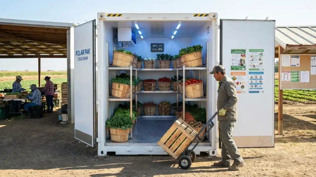 Refrigerated container with fresh produce baskets on a farm, farmer using a dolly for transportation.