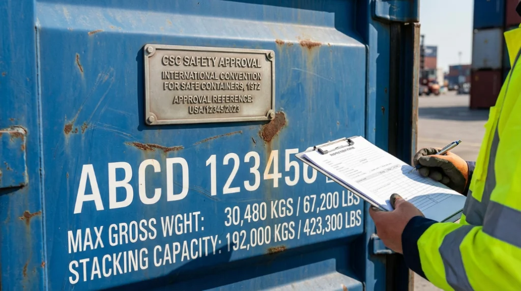 Inspector writing on clipboard beside a blue shipping container with CSC safety approval label.