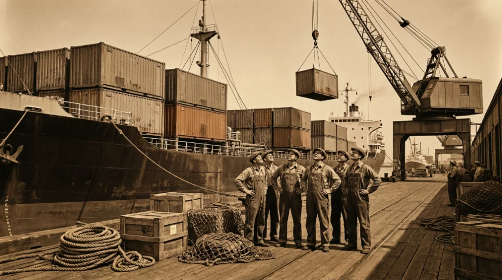 Dockworkers oversee shipping containers being loaded onto a cargo ship with a crane at a bustling port.