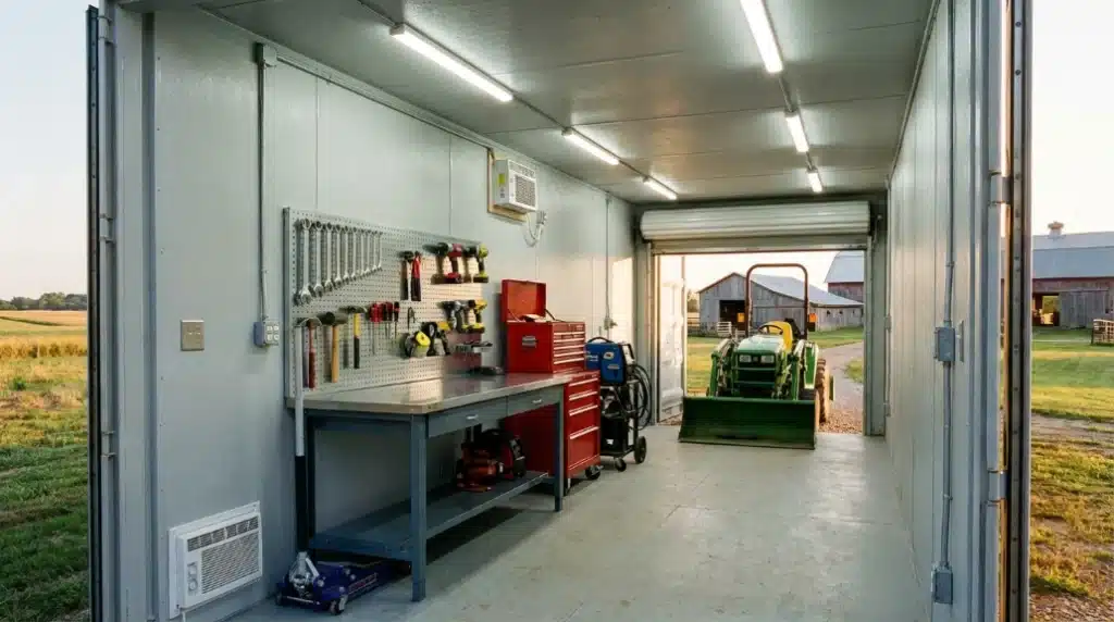 Workshop with tools and equipment inside a metal container garage, large barn doors open to reveal a tractor outside.