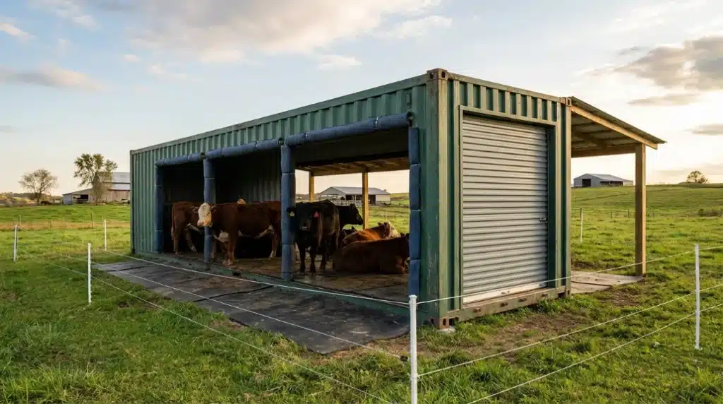 Cows in a shipping container shelter on a sunny farm field, showcasing sustainable agriculture.