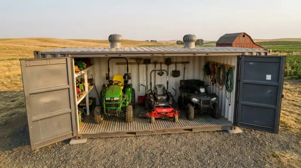 Farm equipment stored inside shipping container with tractors and tools on a rural landscape.
