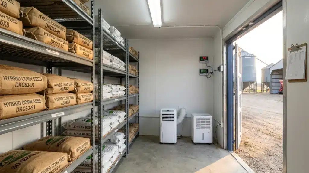 Climate-controlled seed storage room with shelves of hybrid corn and soybean seeds, temperature monitors, and dehumidifiers.