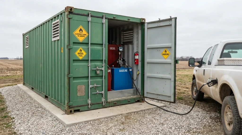 Portable fuel storage unit with diesel and gasoline pumps next to a truck in a rural area.