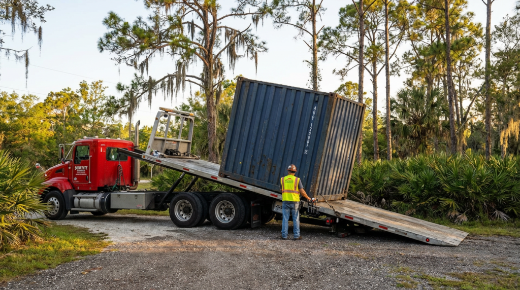 A cargo container being delivered in florida.