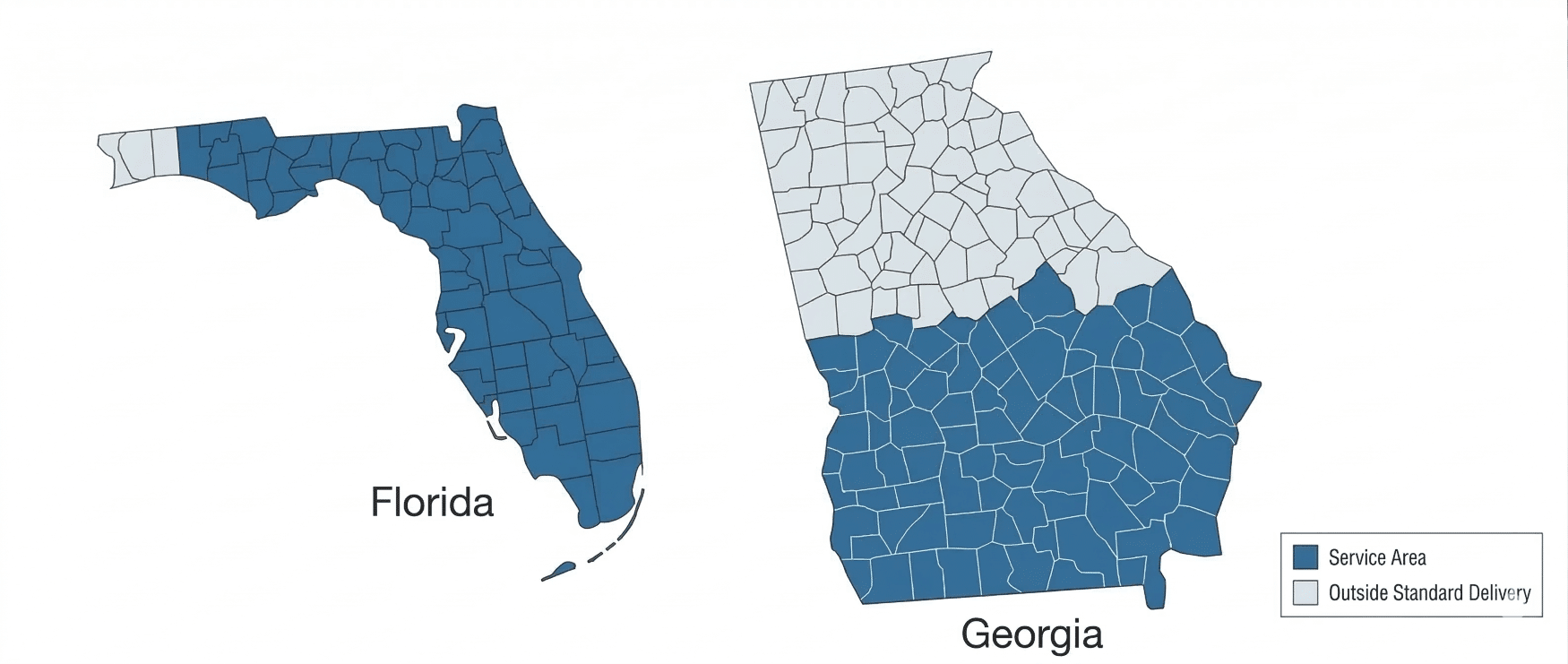 E and S Equipment service area map showing delivery coverage across Florida and southern Georgia