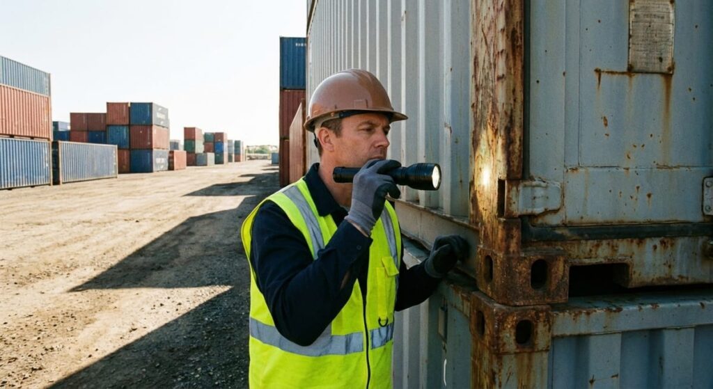 Inspector examining shipping container corner post during high-risk area inspection at storage facility