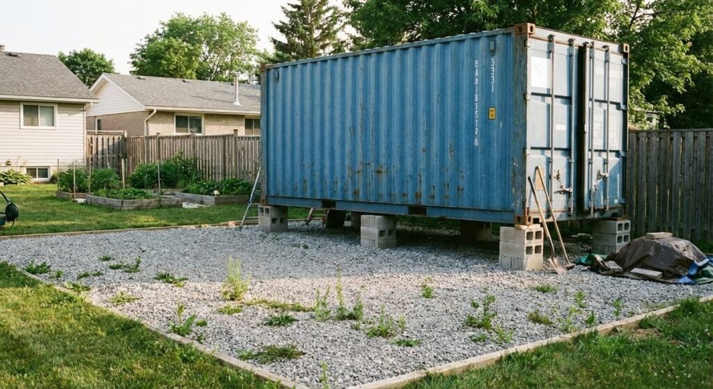 Shipping container elevated on concrete block foundation with gravel base for proper site preparation