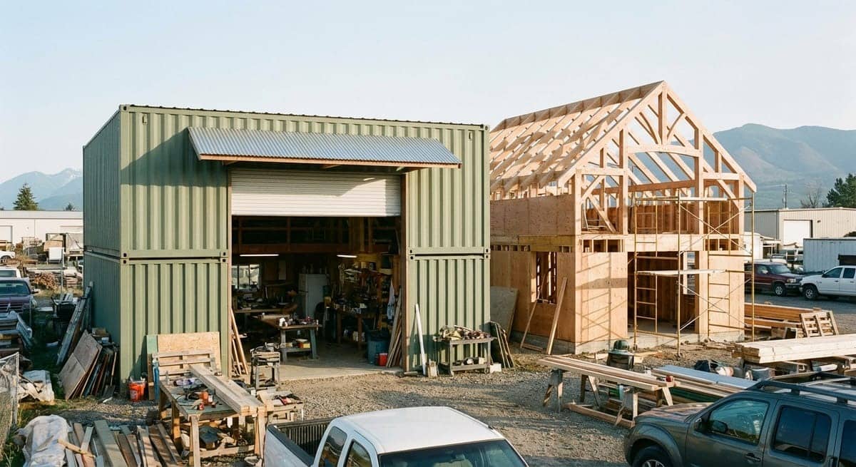 Modified shipping container workshop with roll-up door compared to traditional wooden building frame construction