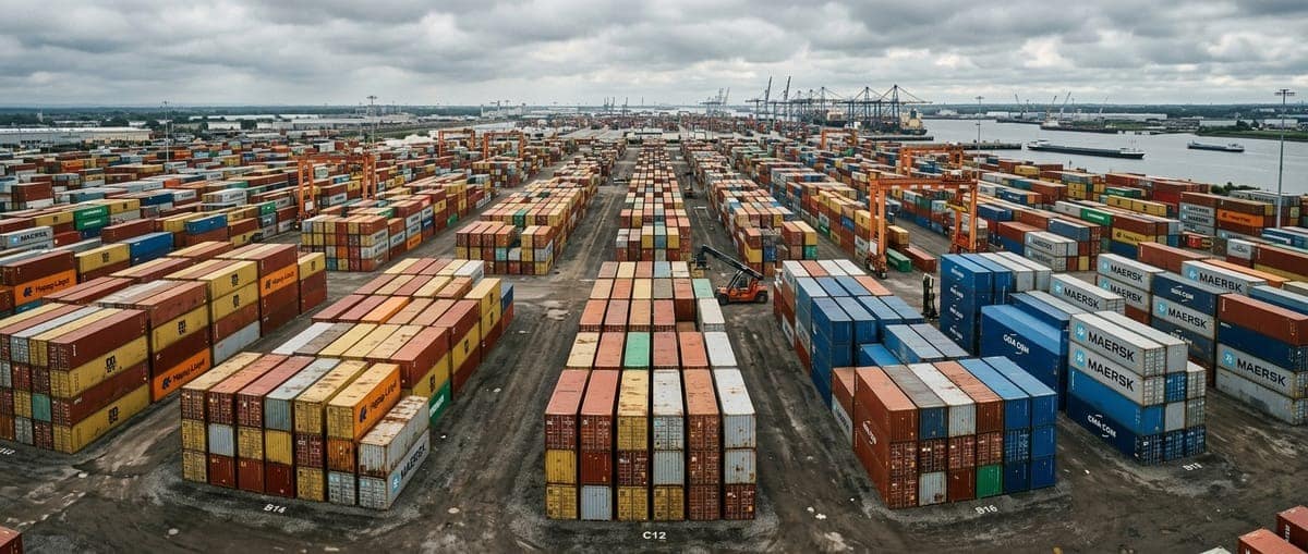 Shipping container yard with new and used containers stacked in organized rows for sales and rentals