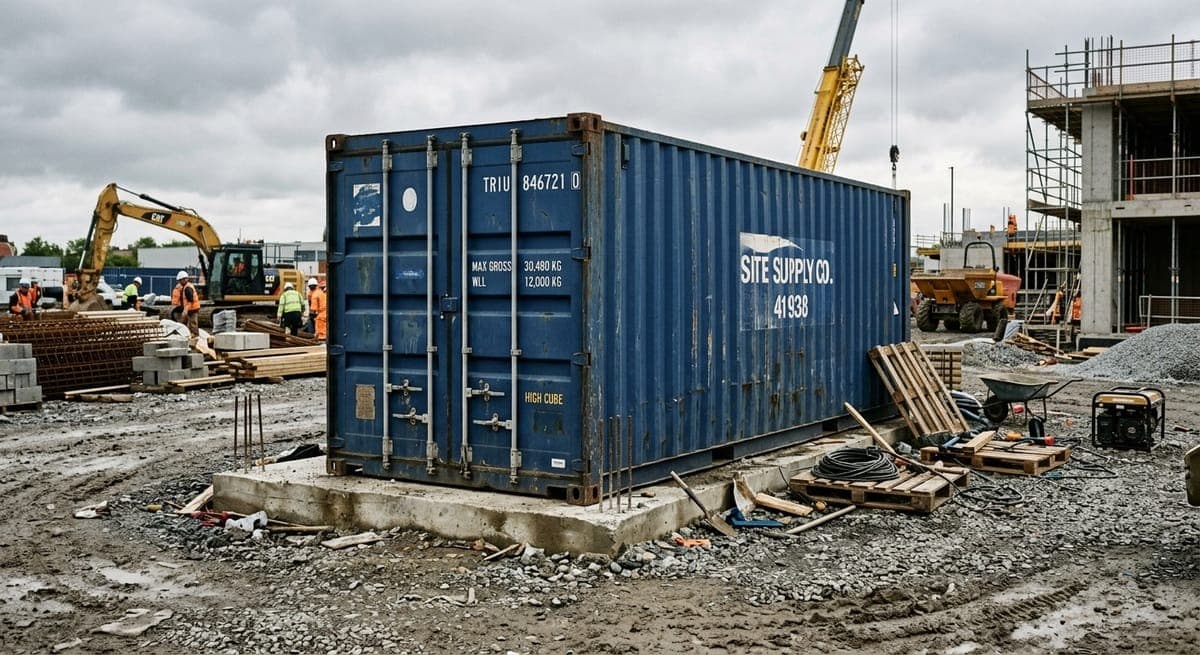 image Steel construction storage container on job site with equipment and materials for secure tool storage