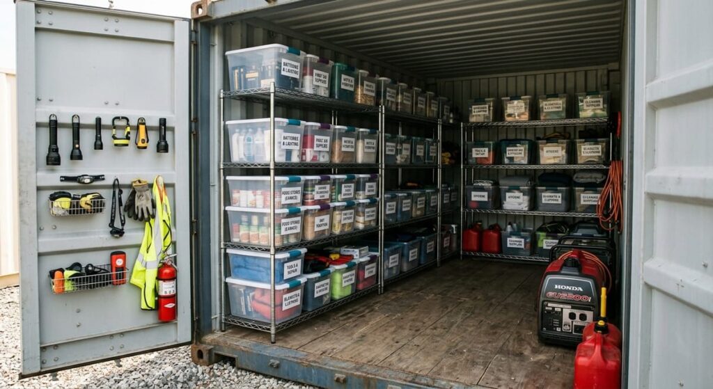 Organized shipping container interior with metal shelving, labeled bins, and hurricane supplies properly arranged