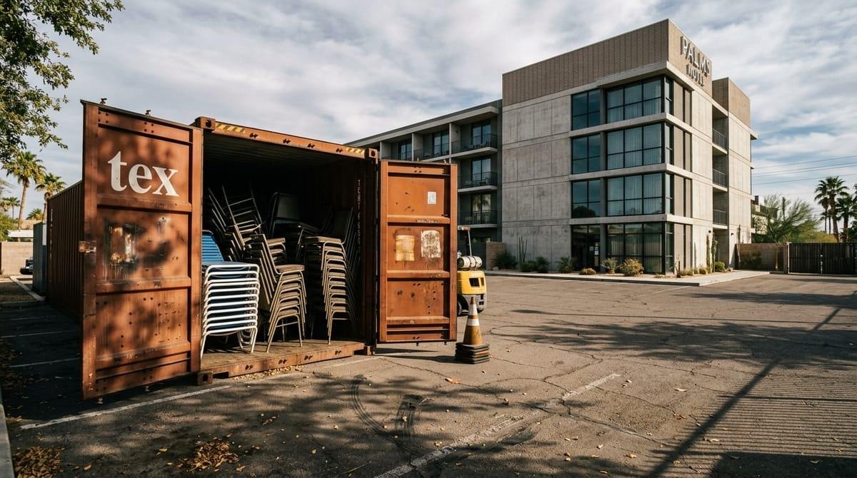 image Shipping container storing hotel furniture and seasonal equipment behind commercial hospitality building
