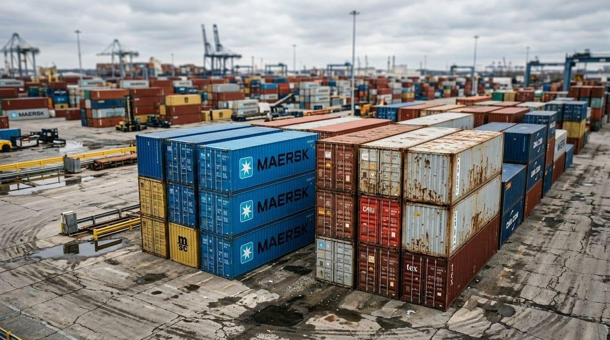 image Various grade shipping containers displayed in industrial yard showing condition differences for buyers