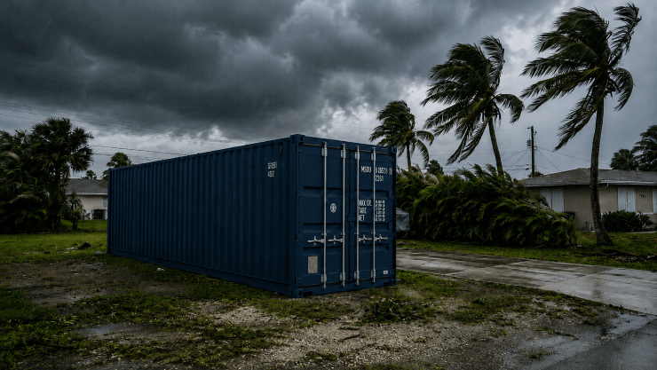 Shipping container on Florida property during approaching hurricane with palm trees bending in strong winds