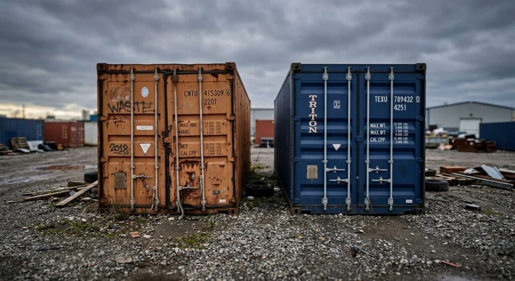Used shipping container with worn seals beside well-maintained unit showing hurricane resistance myths about container grade and anchoring