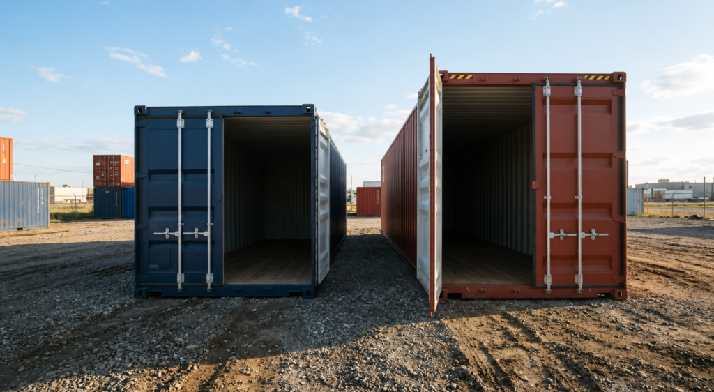 20ft and 40ft shipping container dimensions compared side by side with doors open on gravel yard