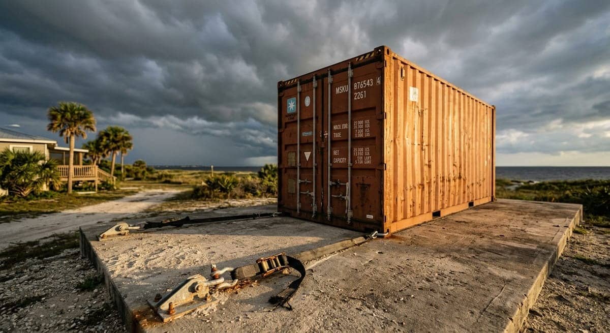 image Hurricane-anchored shipping container on concrete pad near Gulf Coast with storm clouds building overhead