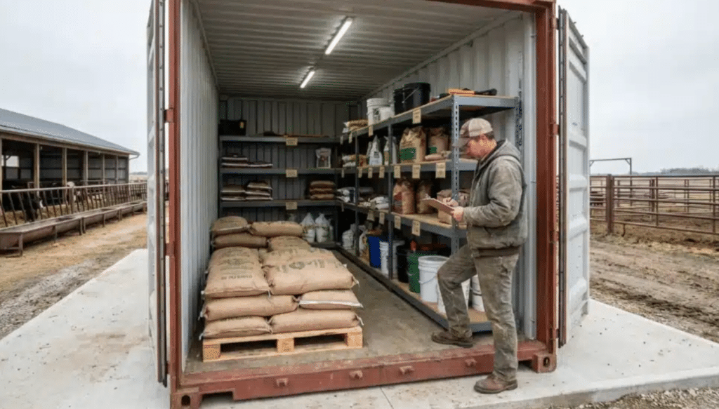 A farmer holding a clipboard takes inventory inside a well-lit shipping container organized with shelving for bagged feed, seed, and farm supplies.