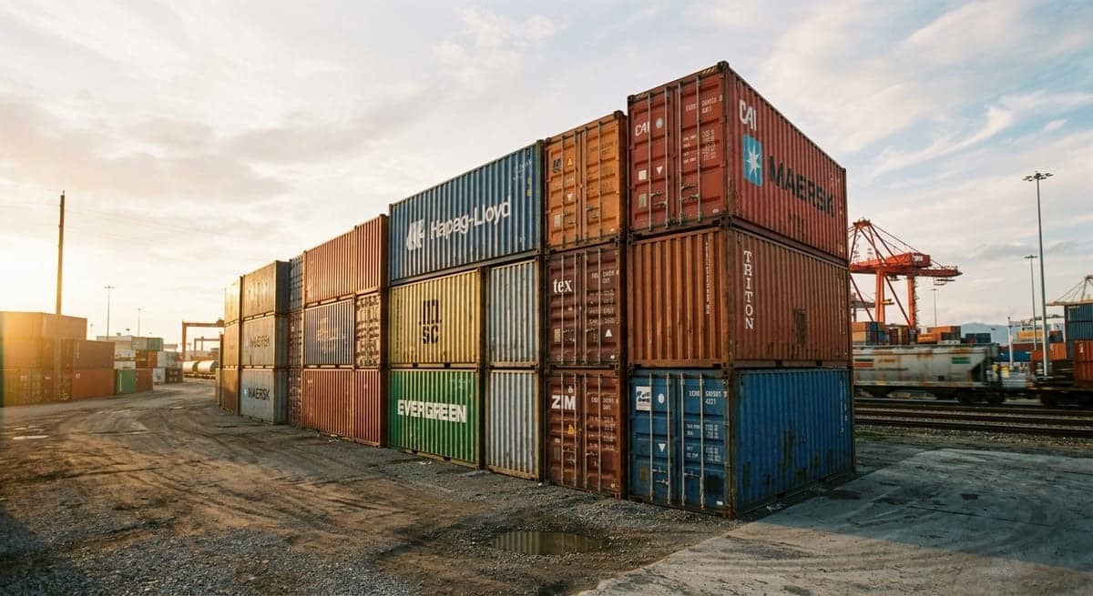 Rows of corrugated steel conex box shipping containers at a freight yard during golden hour lighting