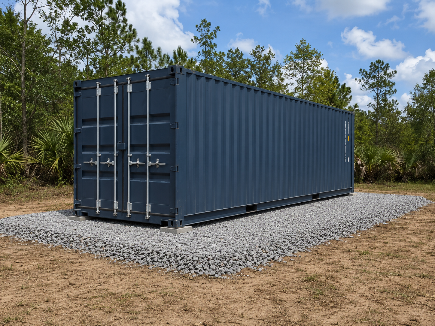 image A shipping container resting level on a compacted gravel pad foundation made of crushed stone with proper drainage.