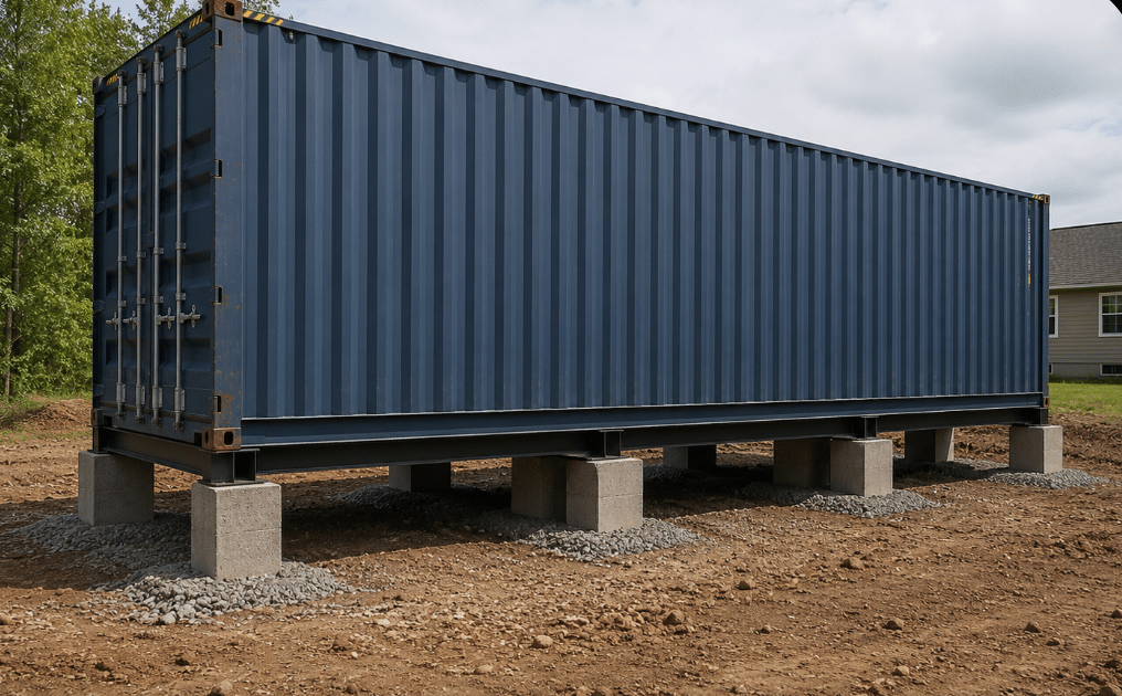 Stacked solid concrete blocks used as a temporary foundation under the corners of a steel shipping container.