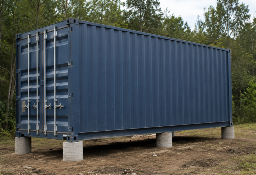 A shipping container resting securely on poured concrete pier footings, keeping the base level and allowing airflow underneath.