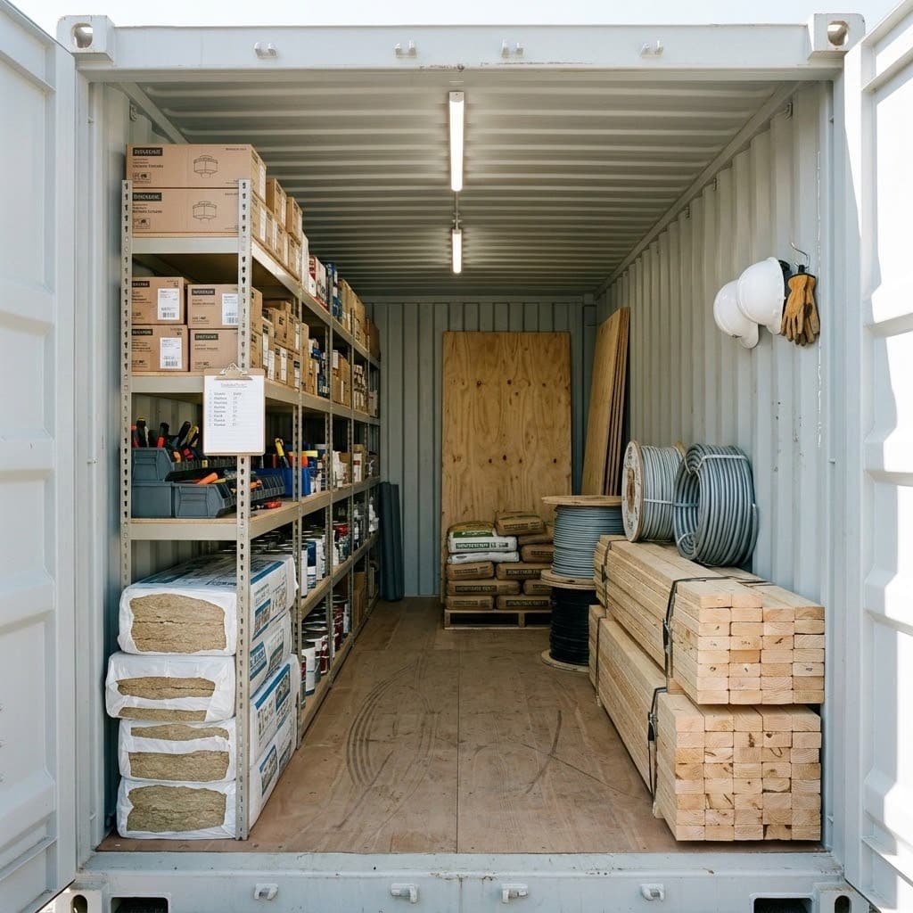 Steel storage container filled with stacked overstock pallets and cardboard boxes bridging supply chain backlog at retail location