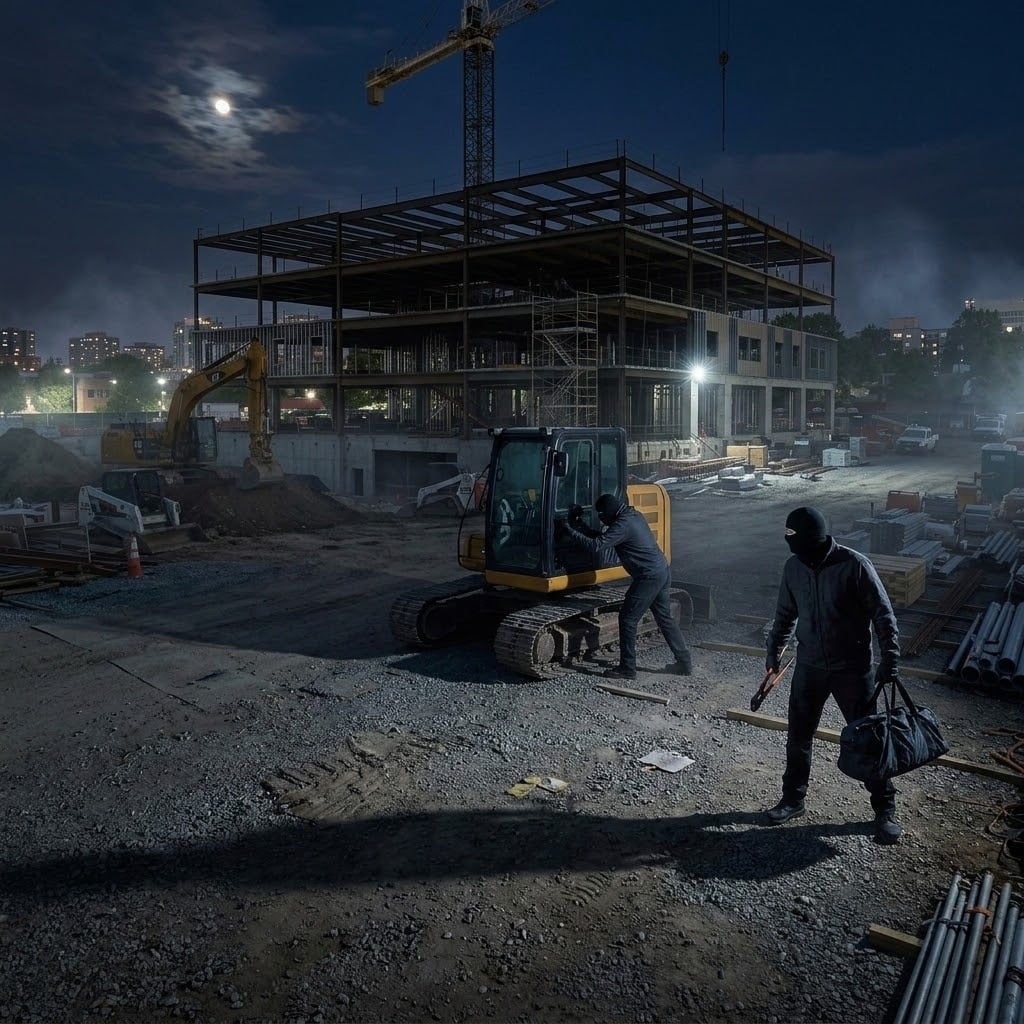 Two masked thieves trespassing onto a dark, unlit construction site at night to steal equipment, illustrating why jobsites get hit without proper security layers.