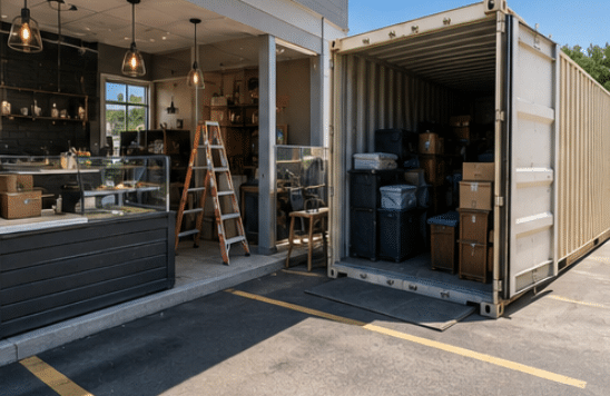 image Retail storage container parked in store parking lot with stacked inventory boxes visible inside open doors
