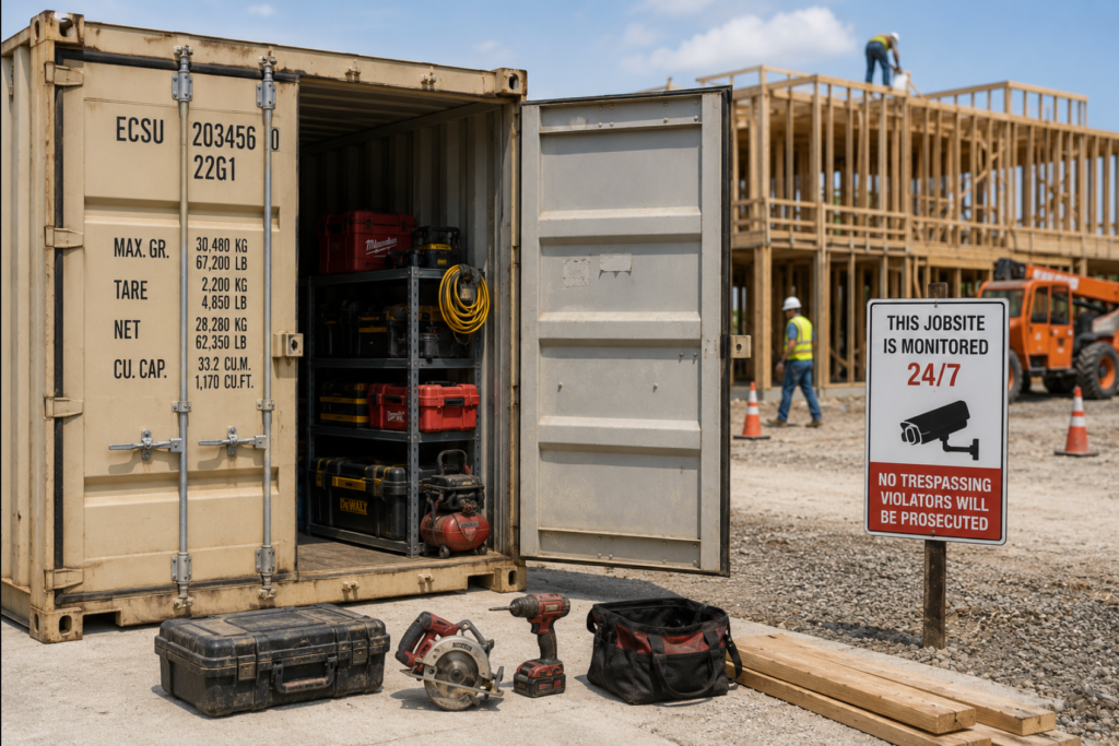 A heavy-duty steel shipping container storing organized tools next to a 24/7 monitoring warning sign, acting as the ultimate anchor for construction site security.