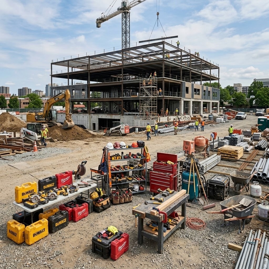 Numerous high-value power tools and equipment left out in the open on tables at an active jobsite, highlighting the vulnerabilities that require strict construction site security.